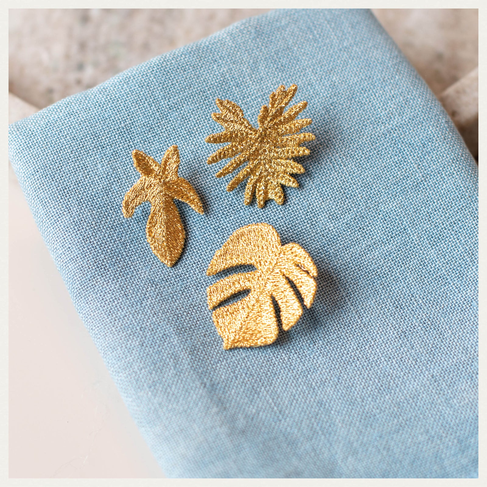 3 Tropical Leaves - Golden Embroidered Brooches