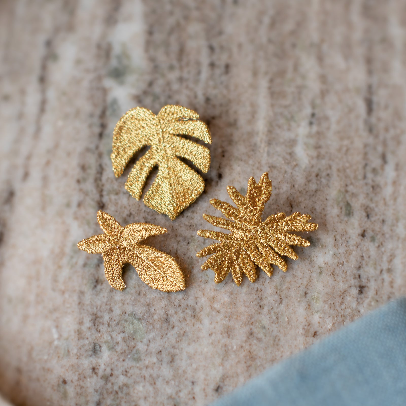 3 Tropical Leaves - Golden Embroidered Brooches