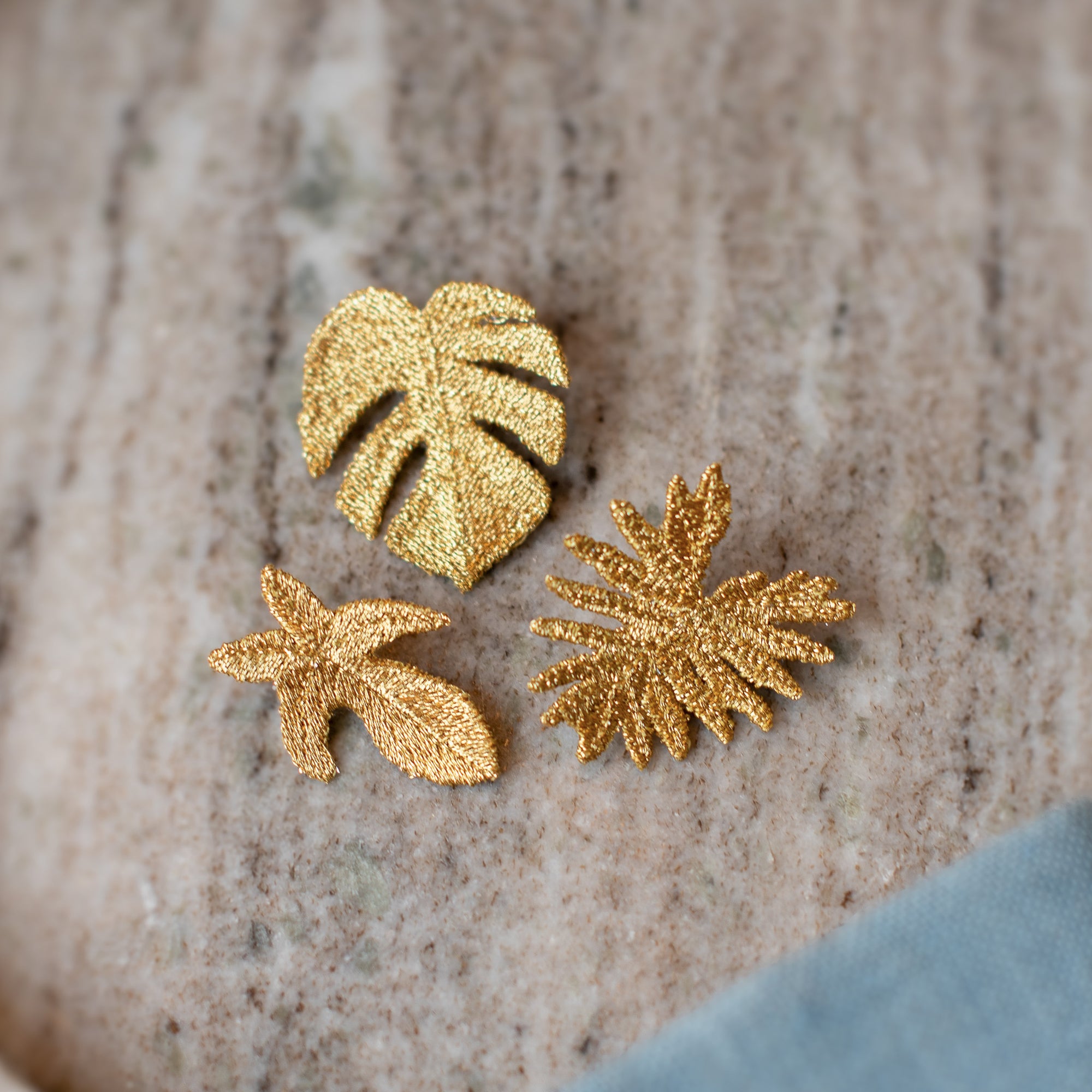 3 Tropical Leaves - Golden Embroidered Brooches