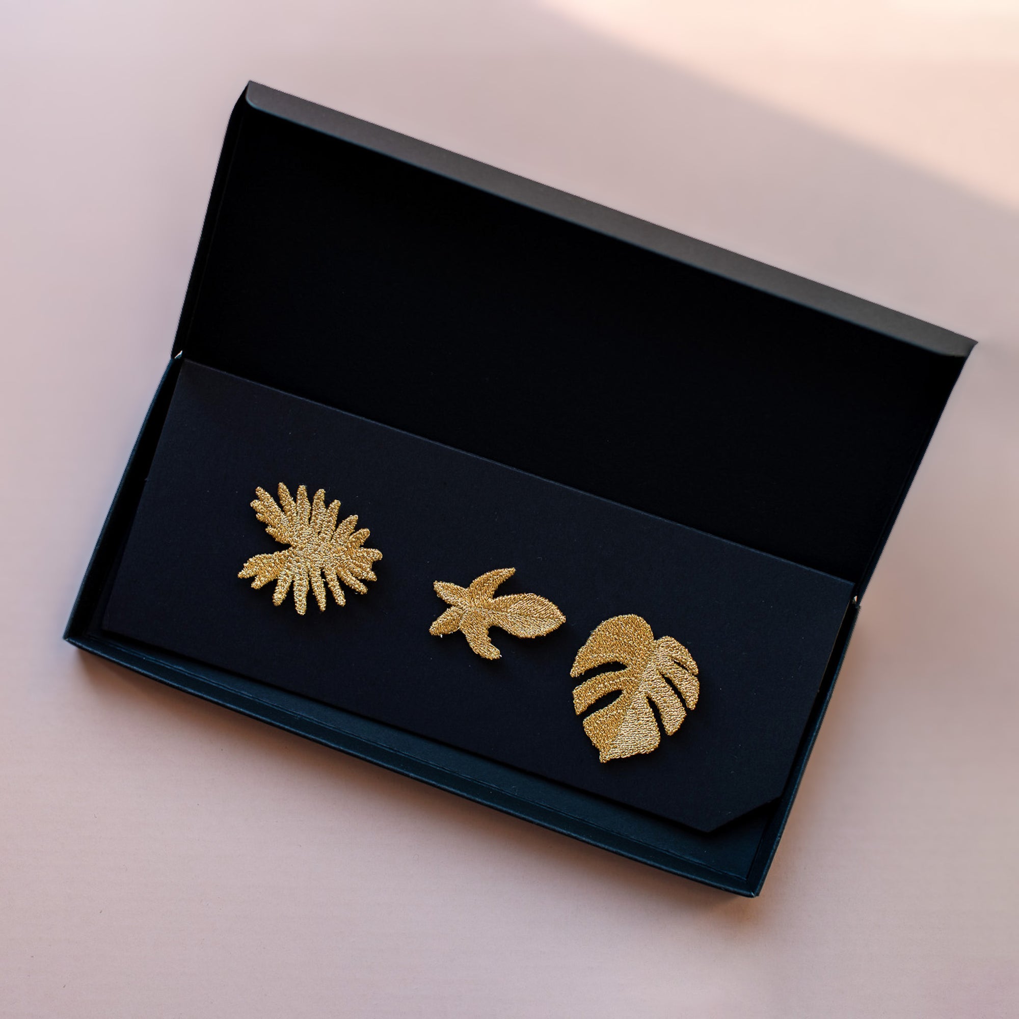 3 Tropical Leaves - Golden Embroidered Brooches