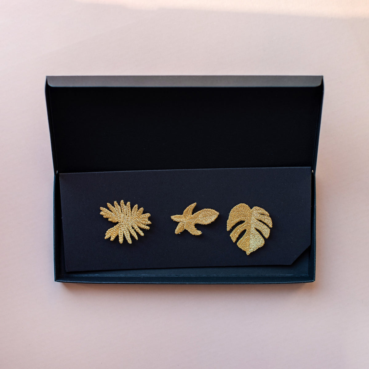 3 Tropical Leaves - Golden Embroidered Brooches