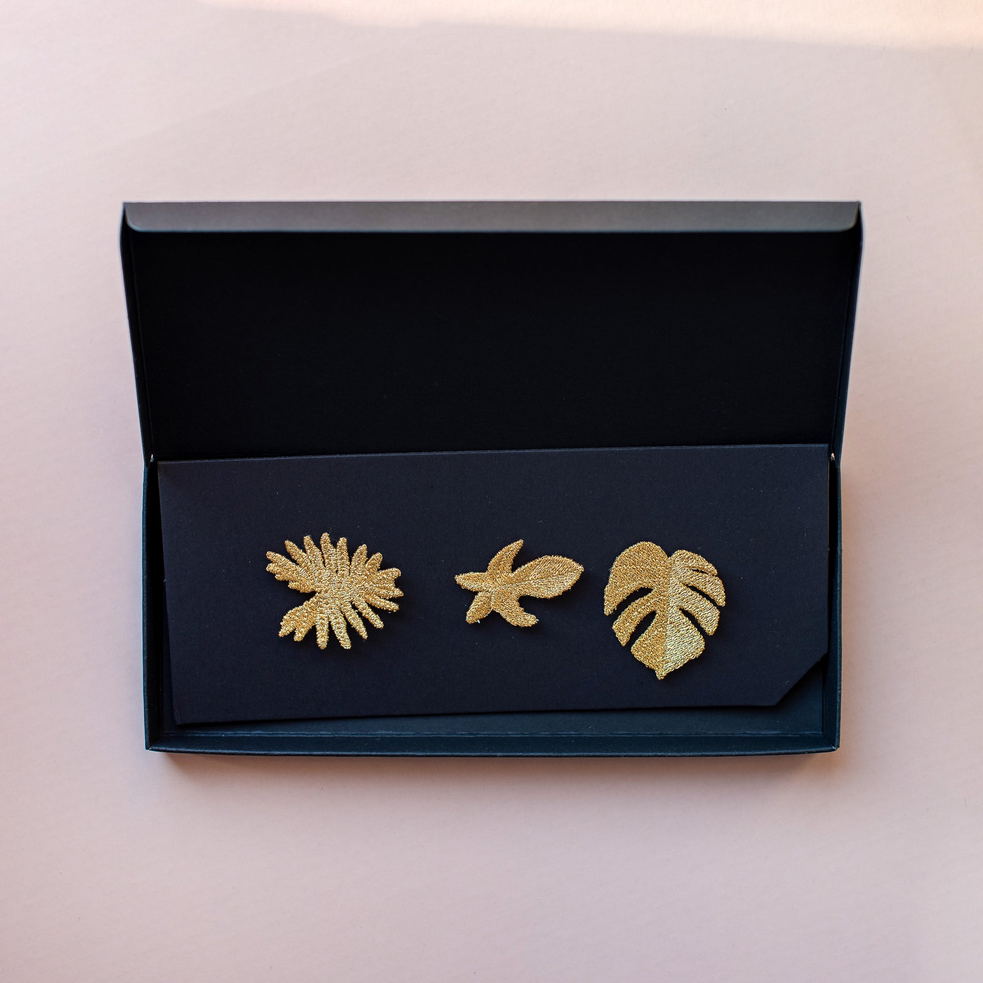 3 Tropical Leaves - Golden Embroidered Brooches
