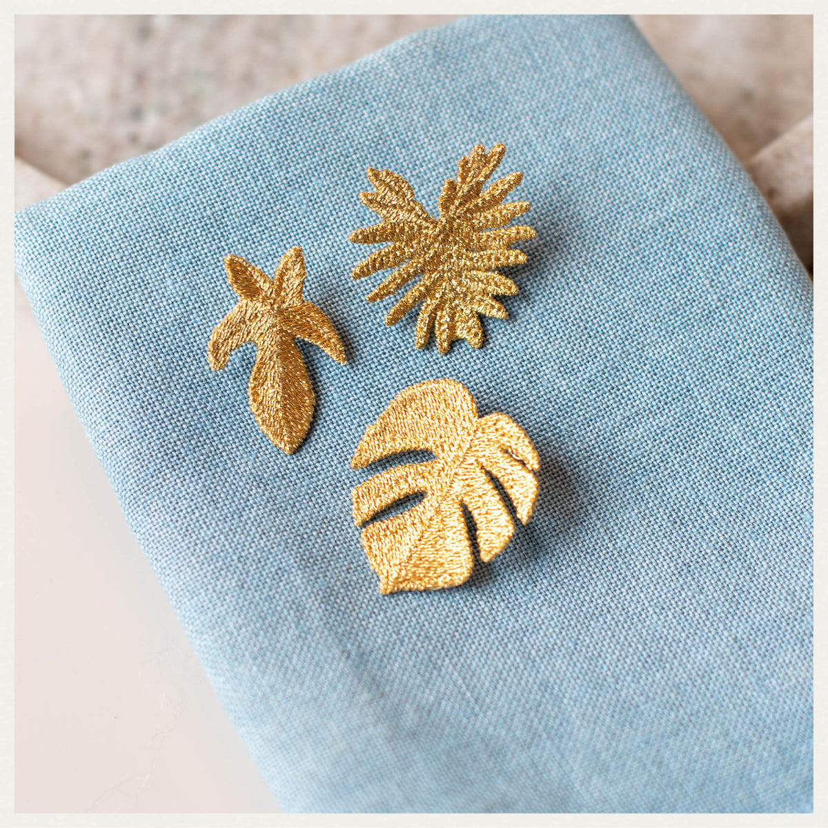 3 Tropical Leaves - Golden Embroidered Brooches