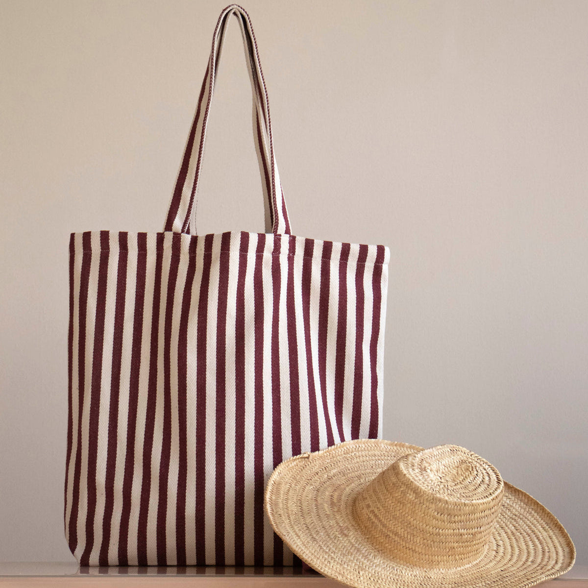 Cotton Stripe Bag in Natural x Burgundy